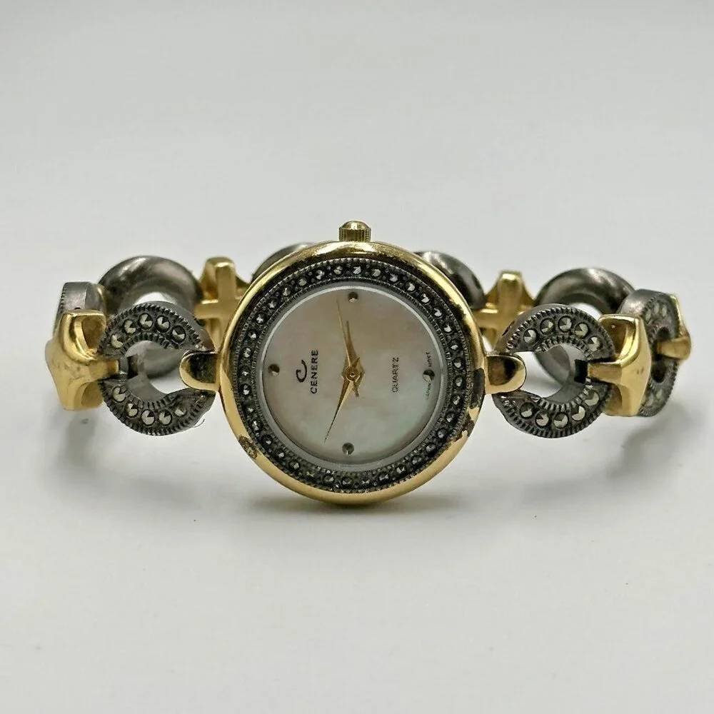 Cenere Watch Women Gunmetal Gold Two Tone Mother of Pearl Dial New Battery 5.75